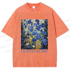 Unisex Klimt Blue Flowers Printed Washed Tee