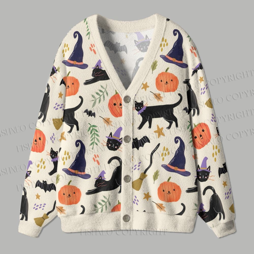 Halloween Black Cat With Pumpkin Ugly Cardigan Sweater