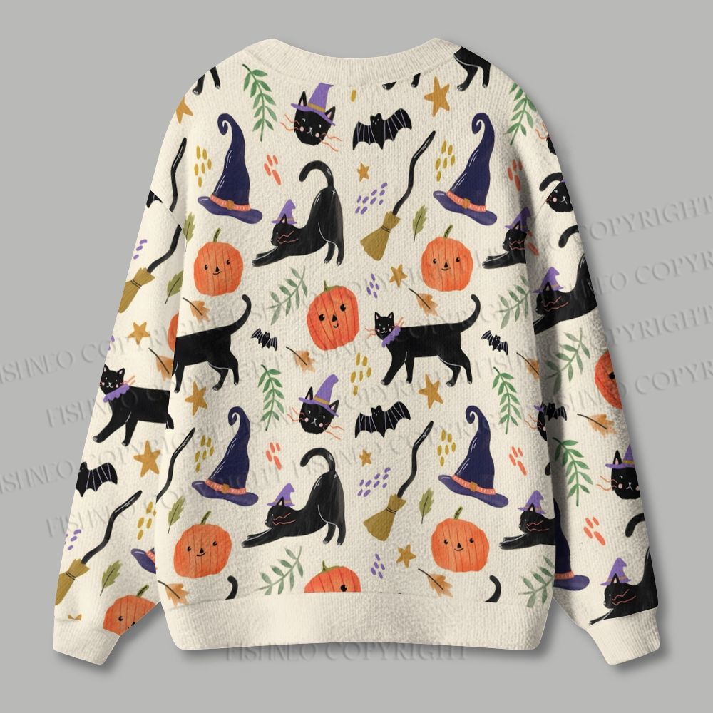 Halloween Black Cat With Pumpkin Ugly Cardigan Sweater