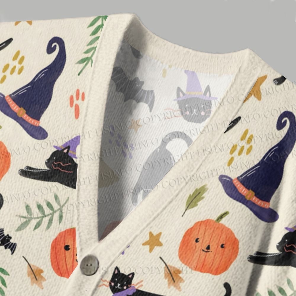 Halloween Black Cat With Pumpkin Ugly Cardigan Sweater