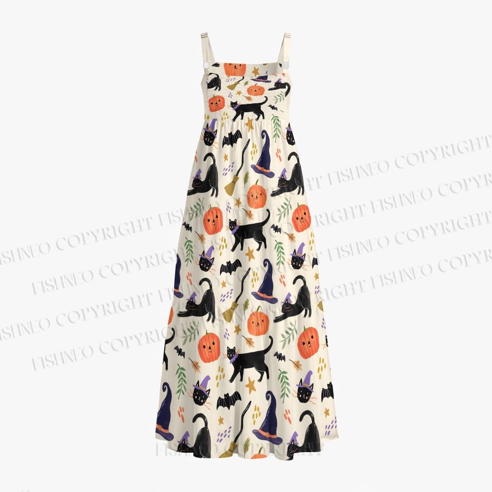 Halloween Black Cat With Pumpkin Maxi Dresses
