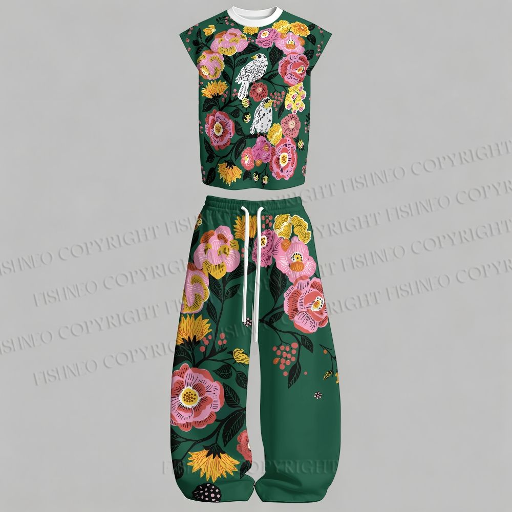 Men's Boho Emerald Green Floral Bird Sleeveless Tank Top & Elasticated Trousers pants Two-Piece Streetwear Set