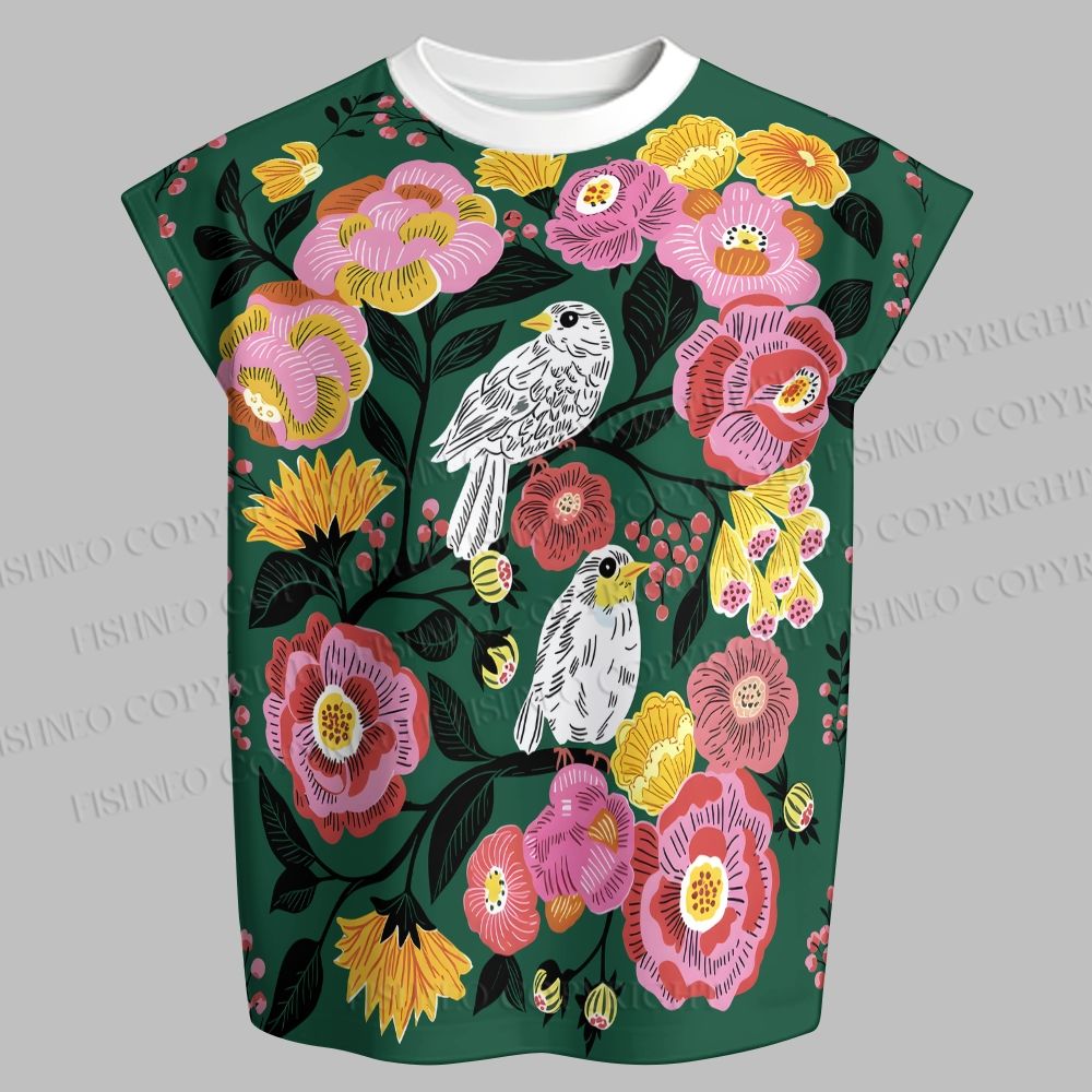 Men's Boho Emerald Green Floral Bird Sleeveless Tank Top & Elasticated Trousers pants Two-Piece Streetwear Set