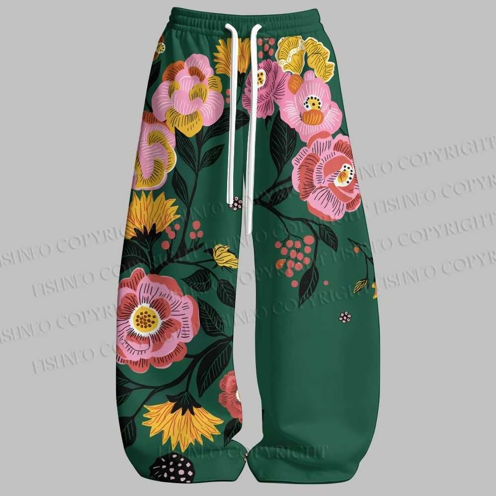 Men's Boho Emerald Green Floral Bird Sleeveless Tank Top & Elasticated Trousers pants Two-Piece Streetwear Set