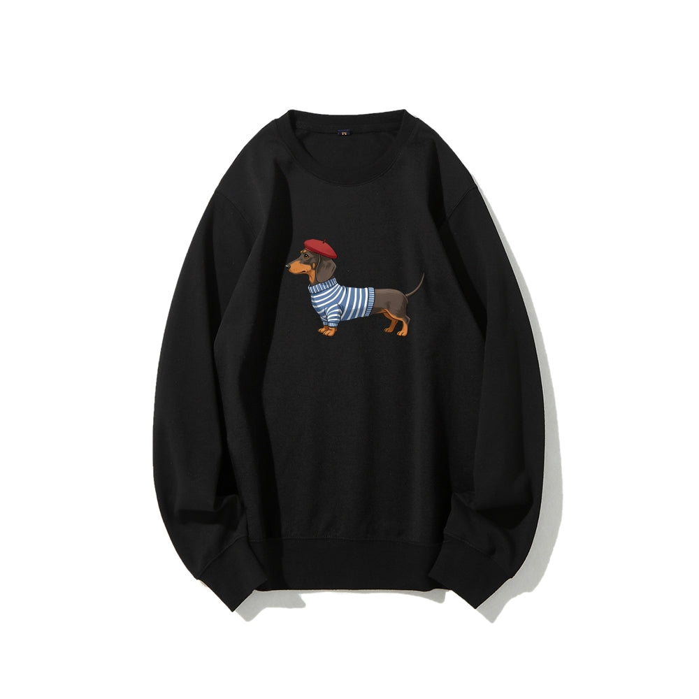 Dachshund Wearing Striped Sweater Print Relax Fit Sweatshirt