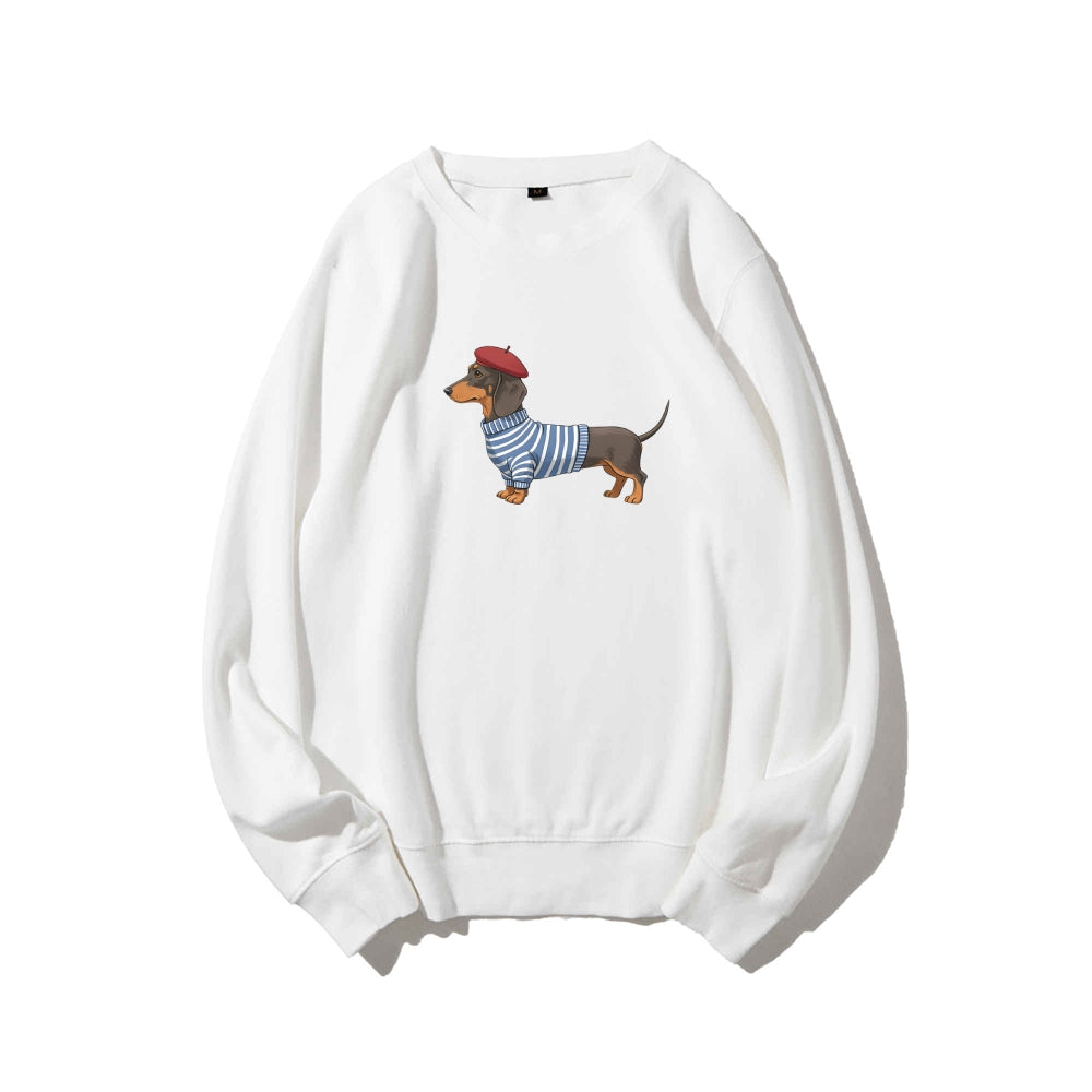 Dachshund Wearing Striped Sweater Print Relax Fit Sweatshirt