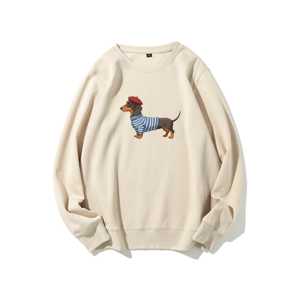 Dachshund Wearing Striped Sweater Print Relax Fit Sweatshirt