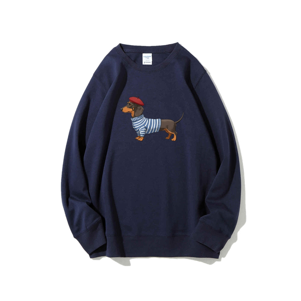 Dachshund Wearing Striped Sweater Print Relax Fit Sweatshirt