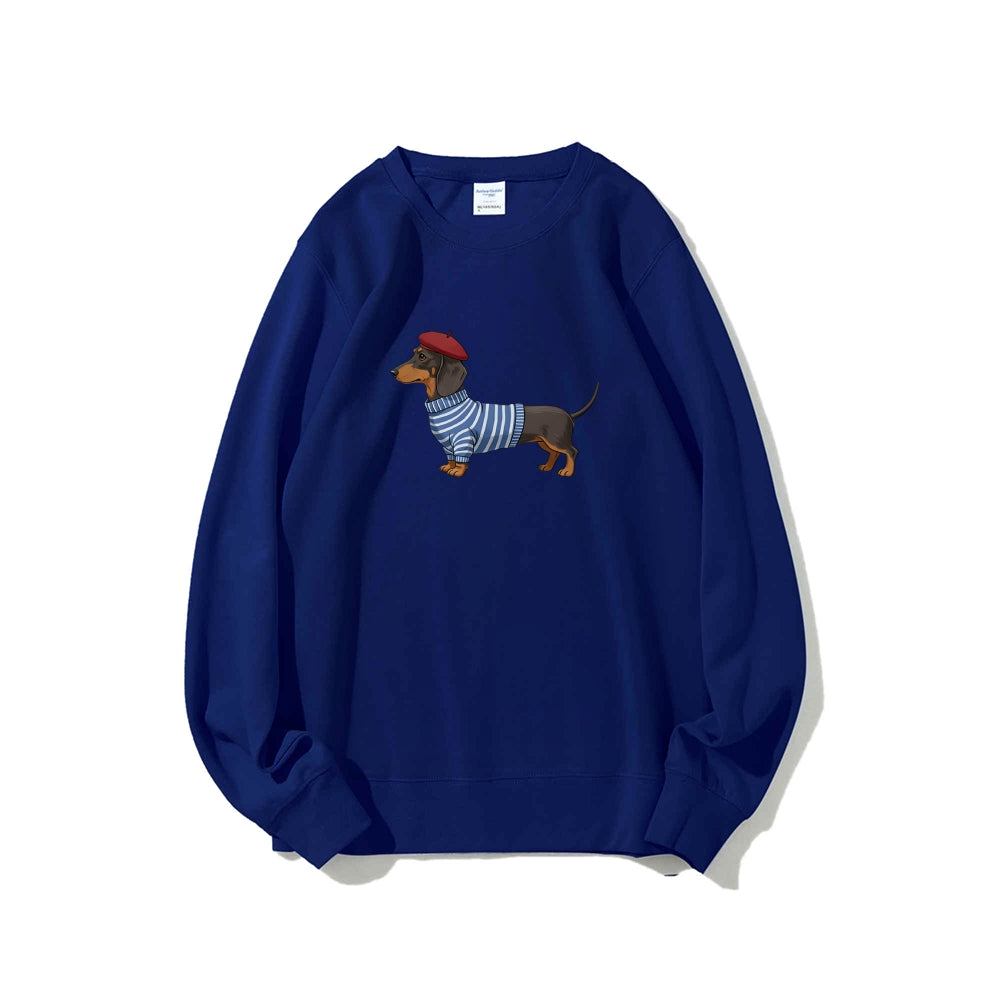 Dachshund Wearing Striped Sweater Print Relax Fit Sweatshirt