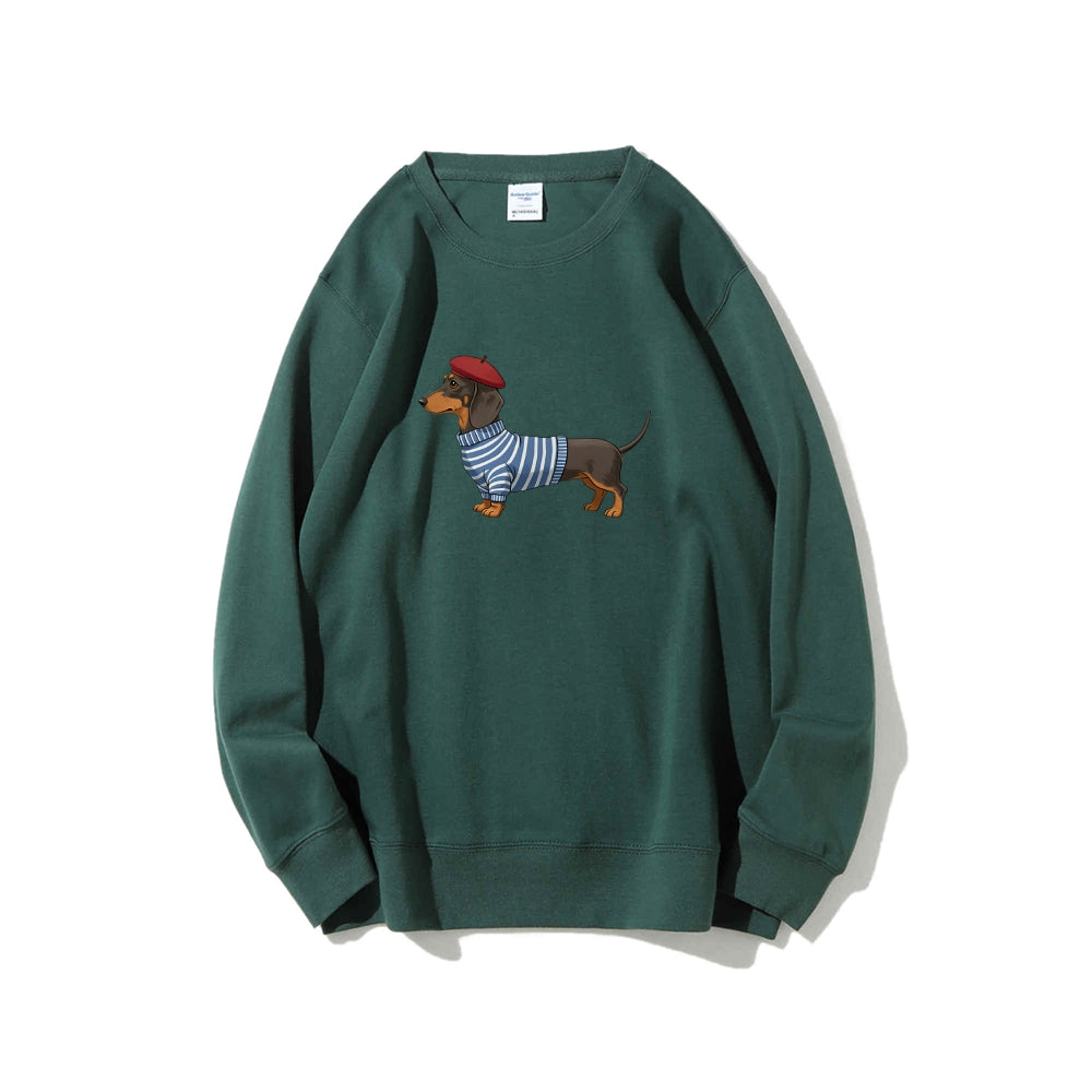 Dachshund Wearing Striped Sweater Print Relax Fit Sweatshirt