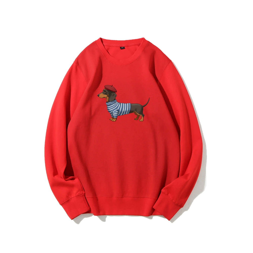 Dachshund Wearing Striped Sweater Print Relax Fit Sweatshirt