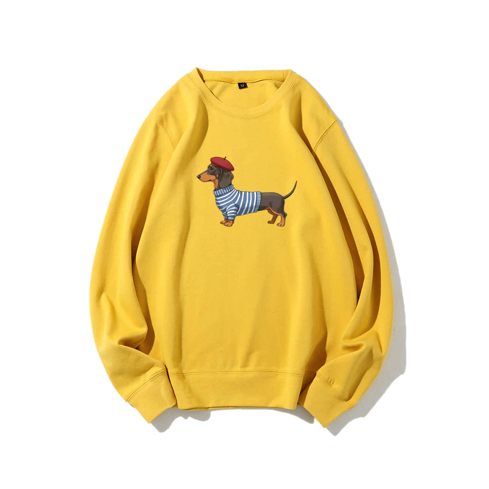 Dachshund Wearing Striped Sweater Print Relax Fit Sweatshirt