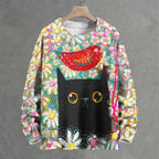 Springtime Black Cat In The Spring Flowers Crew Neck Sweater