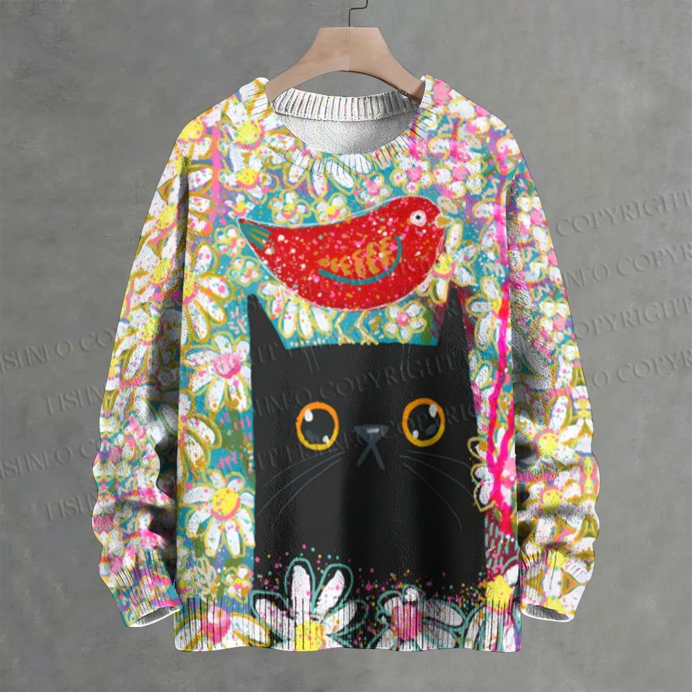 Springtime Black Cat In The Spring Flowers Crew Neck Sweater