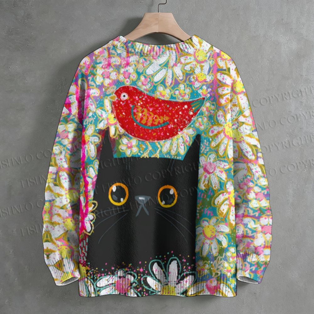 Springtime Black Cat In The Spring Flowers Crew Neck Sweater