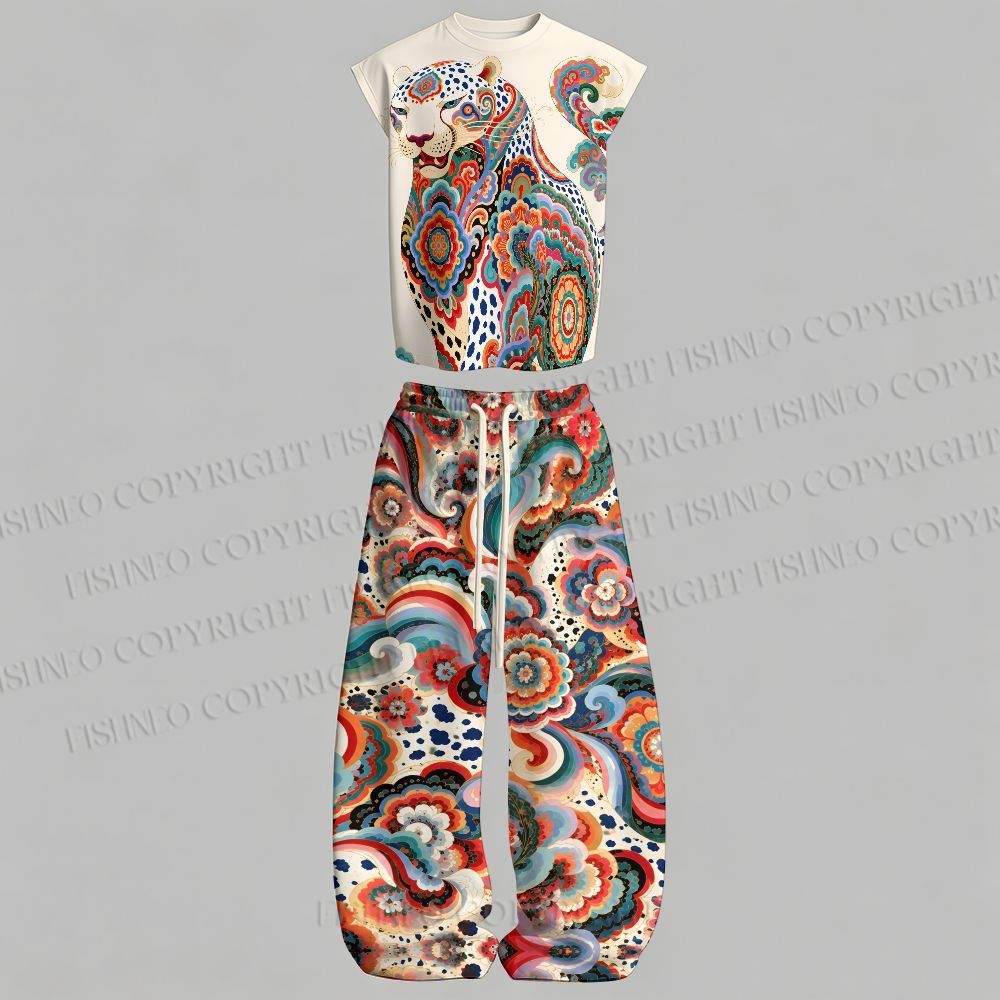 Panther With Multicolor Patterns Sleeveless Tank Top & Elasticated Trousers pants Two-Piece Streetwear Set