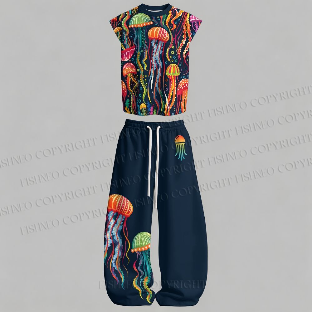 Men's Multicolor Jellyfishes Sleeveless Tank Top & Elasticated Trousers pants Two-Piece Streetwear Set