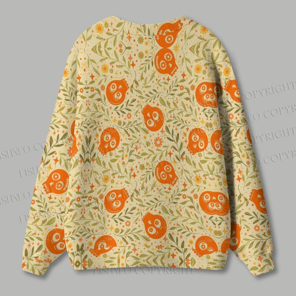 Skull Leaf Ugly Cardigan Sweater