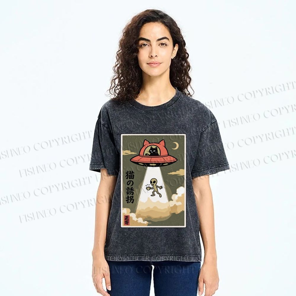Unisex Alien Abduction Printed Washed Tee