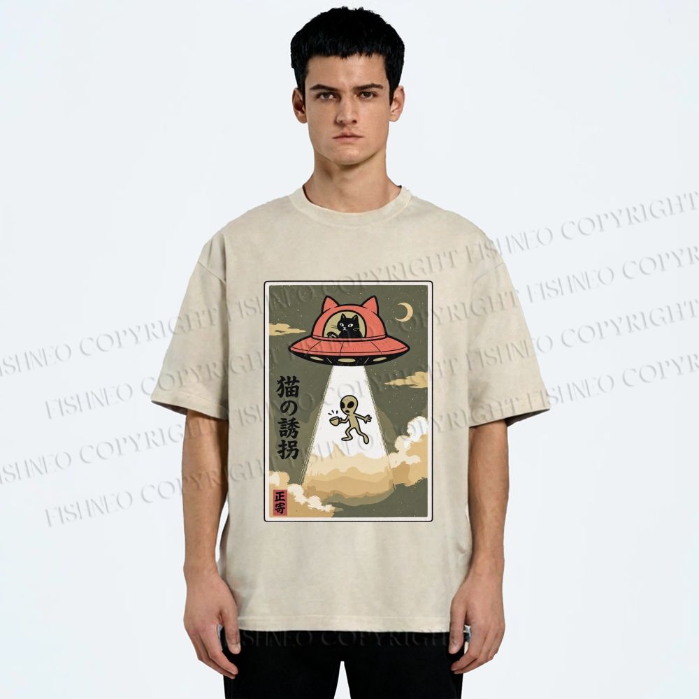 Unisex Alien Abduction Printed Washed Tee