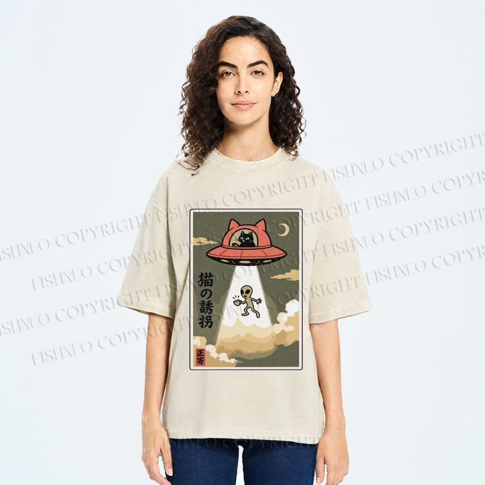 Unisex Alien Abduction Printed Washed Tee