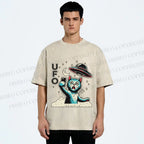Unisex Retrom Cat UFO Printed Washed Tee