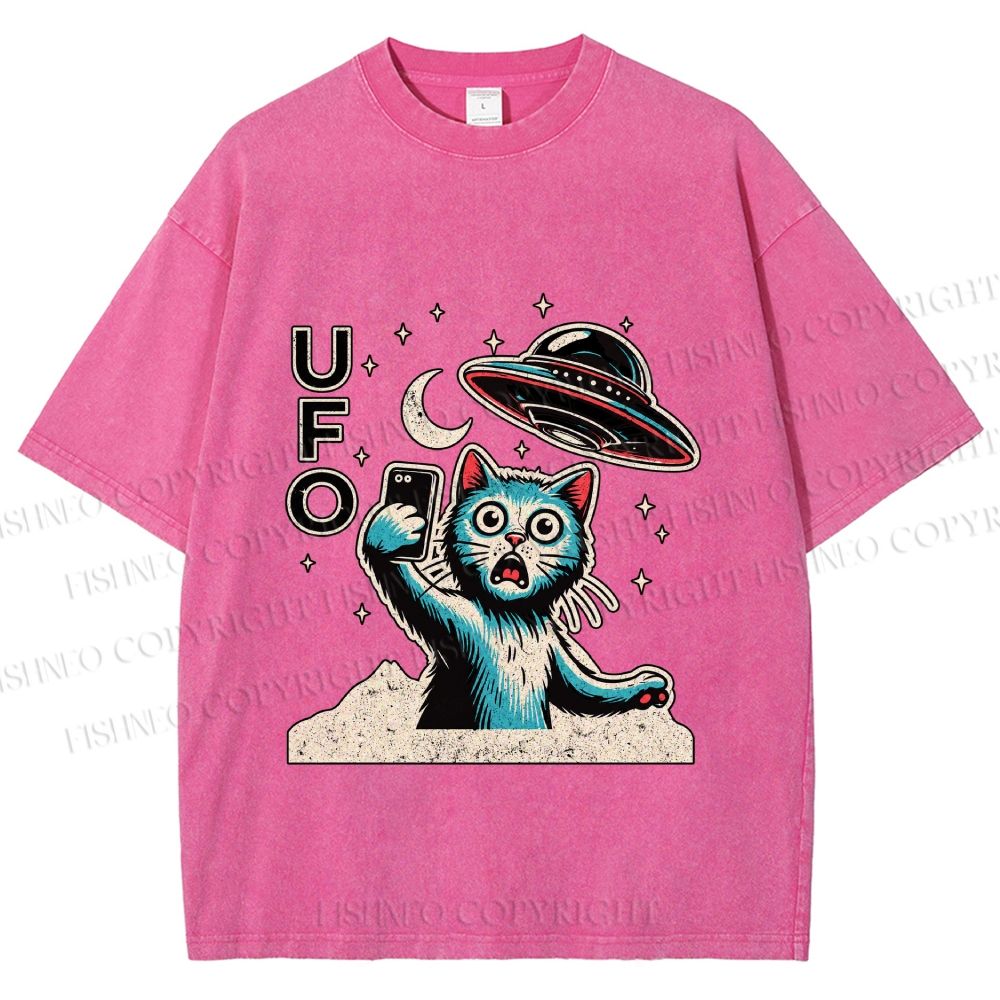 Unisex Retrom Cat UFO Printed Washed Tee