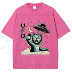 Unisex Retrom Cat UFO Printed Washed Tee