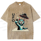 Unisex Retrom Cat UFO Printed Washed Tee