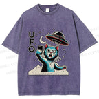 Unisex Retrom Cat UFO Printed Washed Tee