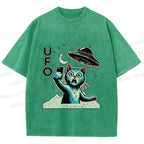Unisex Retrom Cat UFO Printed Washed Tee