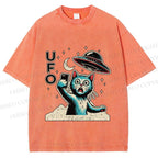 Unisex Retrom Cat UFO Printed Washed Tee