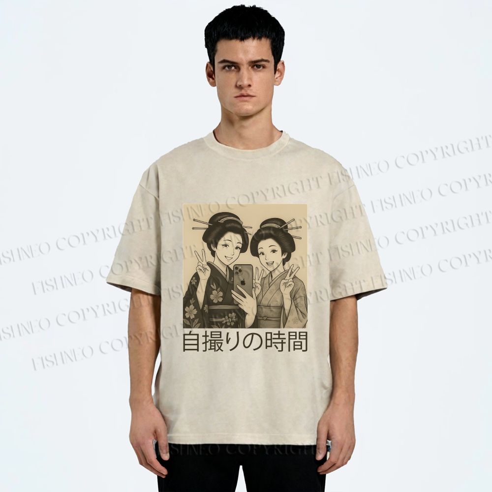 Unisex Self-capture Time Printed Washed Tee