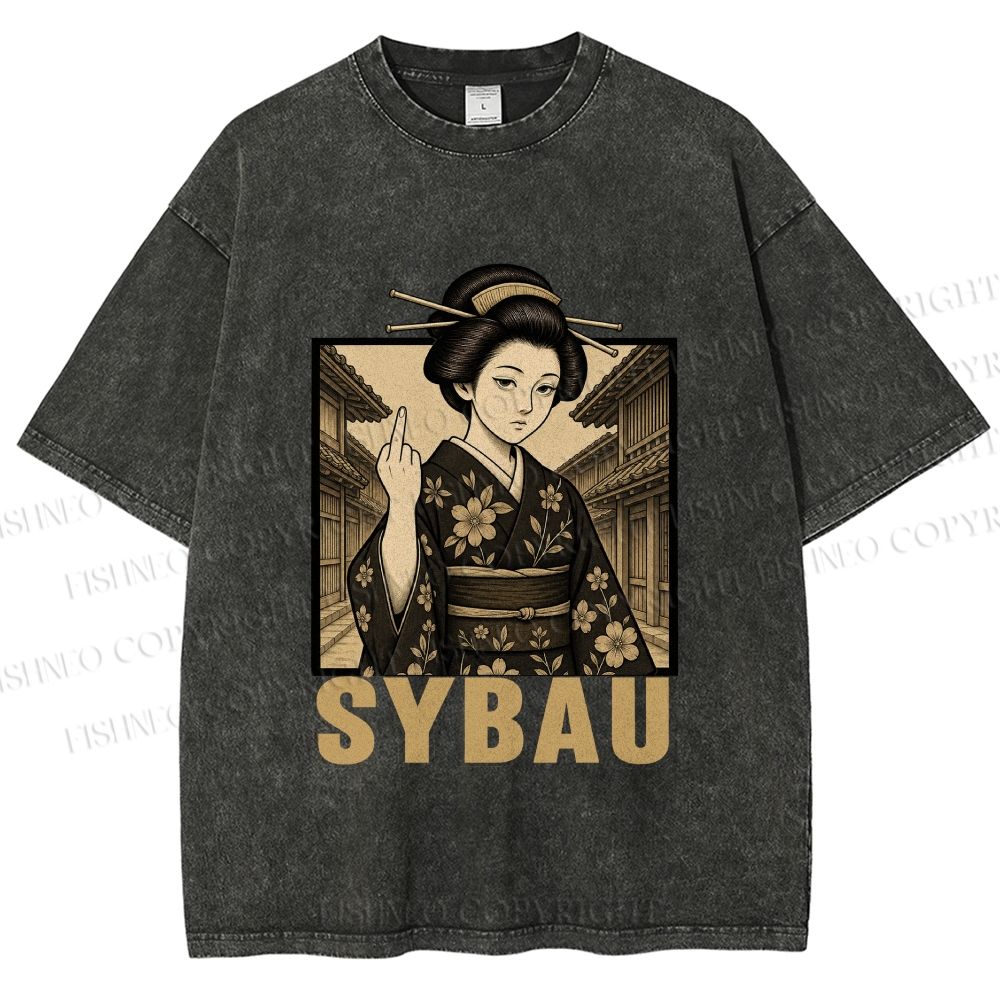 Unisex Japanese Geisha Middle Finger Printed Washed Tee