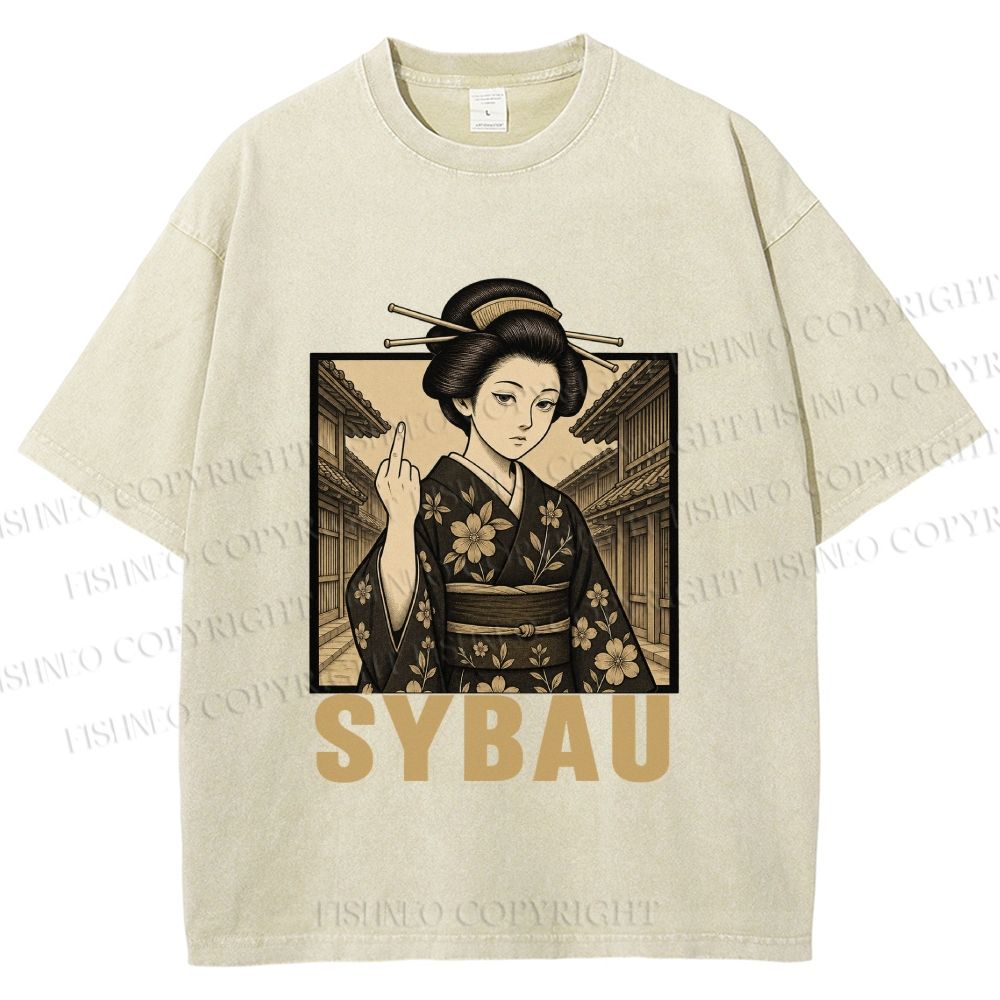 Unisex Japanese Geisha Middle Finger Printed Washed Tee