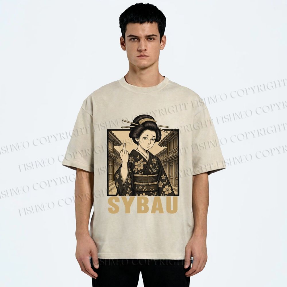 Unisex Japanese Geisha Middle Finger Printed Washed Tee