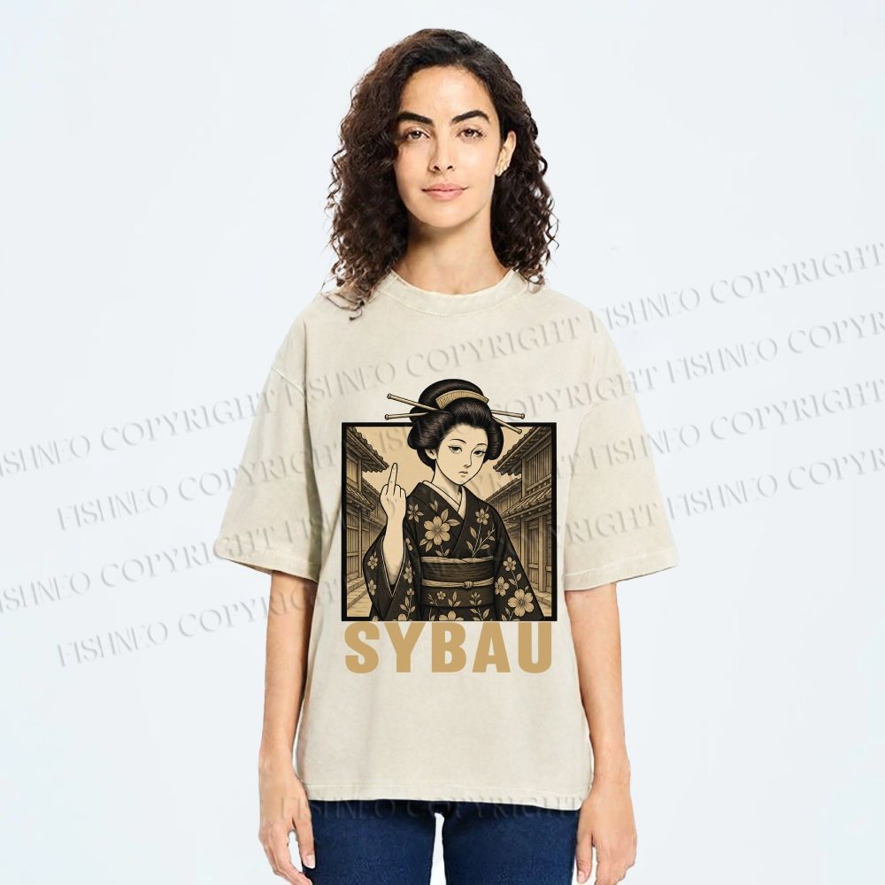 Unisex Japanese Geisha Middle Finger Printed Washed Tee