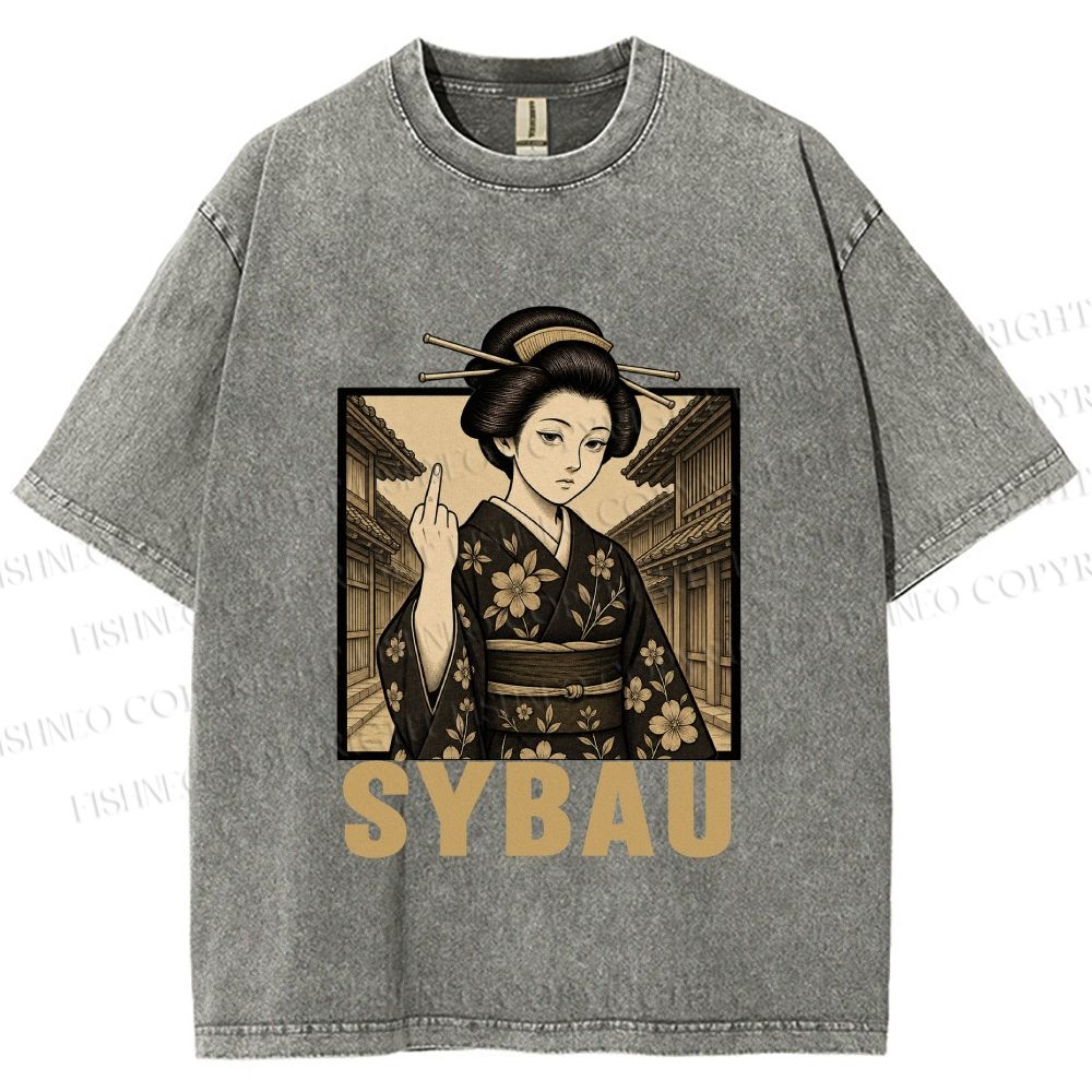 Unisex Japanese Geisha Middle Finger Printed Washed Tee