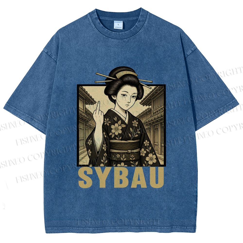 Unisex Japanese Geisha Middle Finger Printed Washed Tee