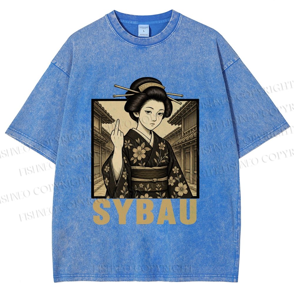 Unisex Japanese Geisha Middle Finger Printed Washed Tee