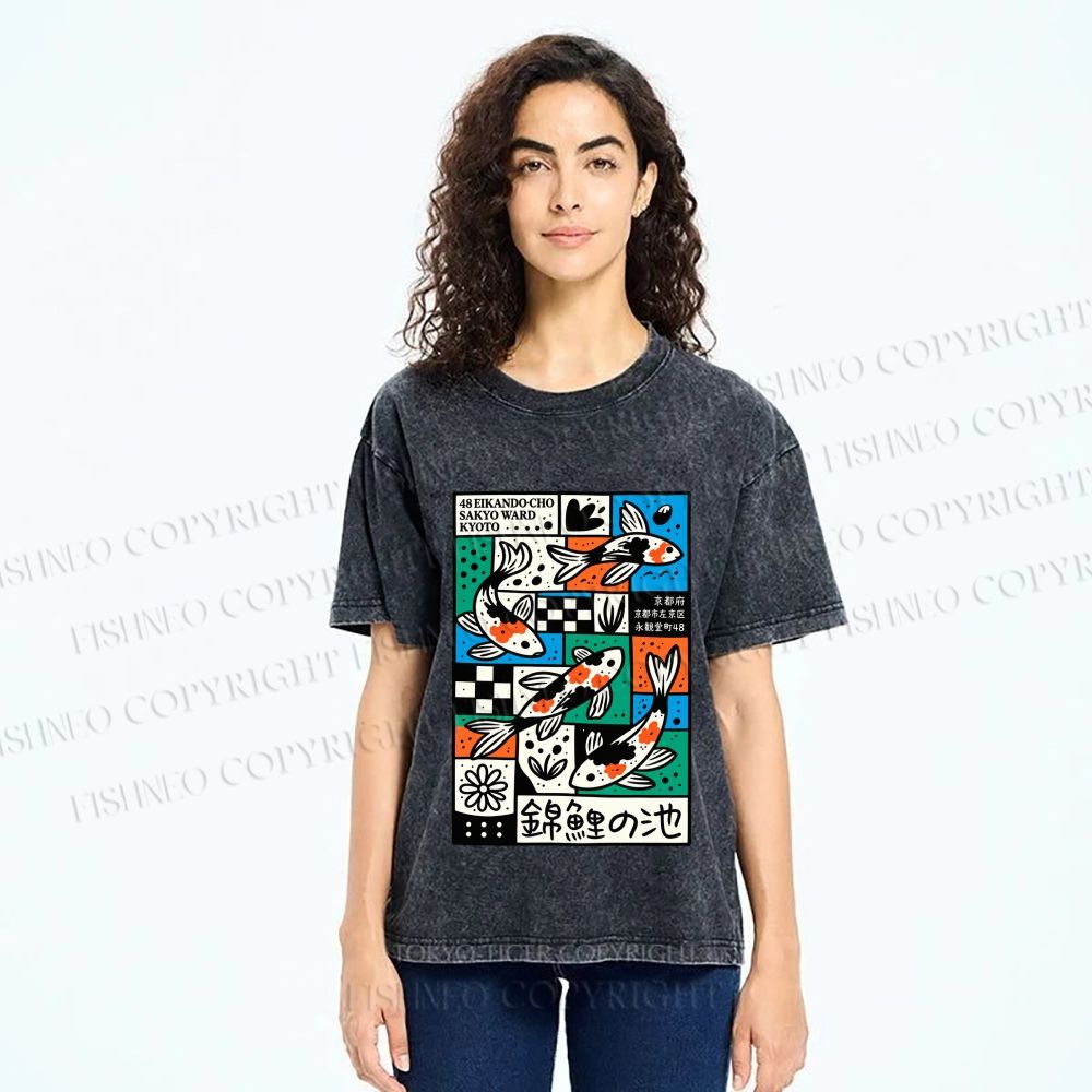 Unisex Colorful Koi Pond Printed Washed Tee