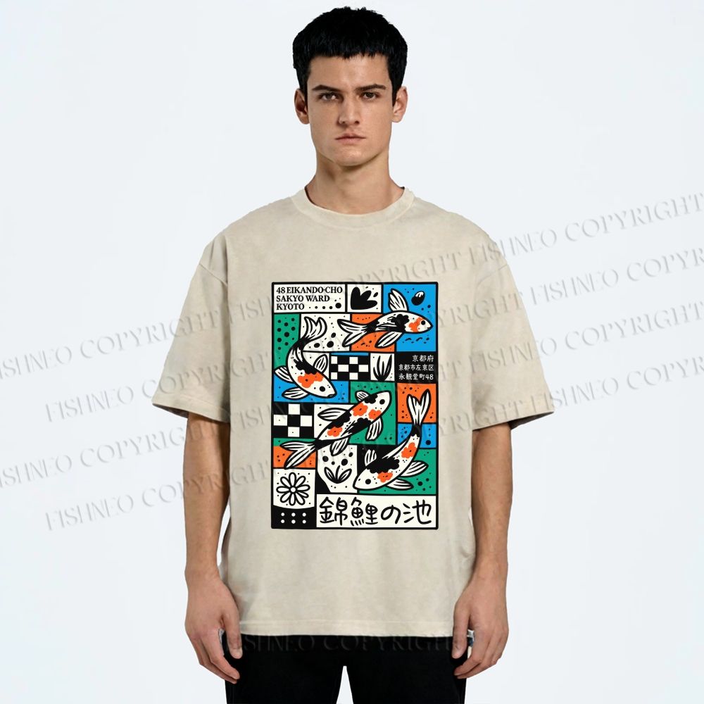Unisex Colorful Koi Pond Printed Washed Tee