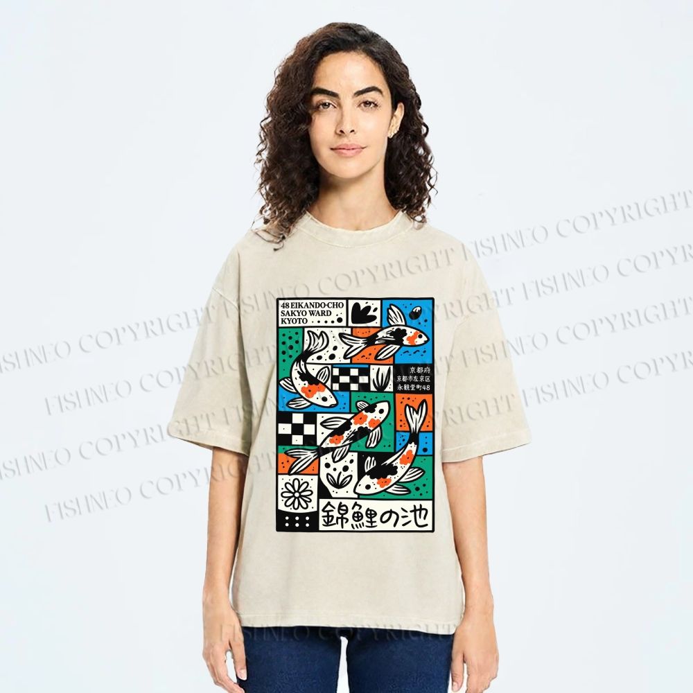 Unisex Colorful Koi Pond Printed Washed Tee