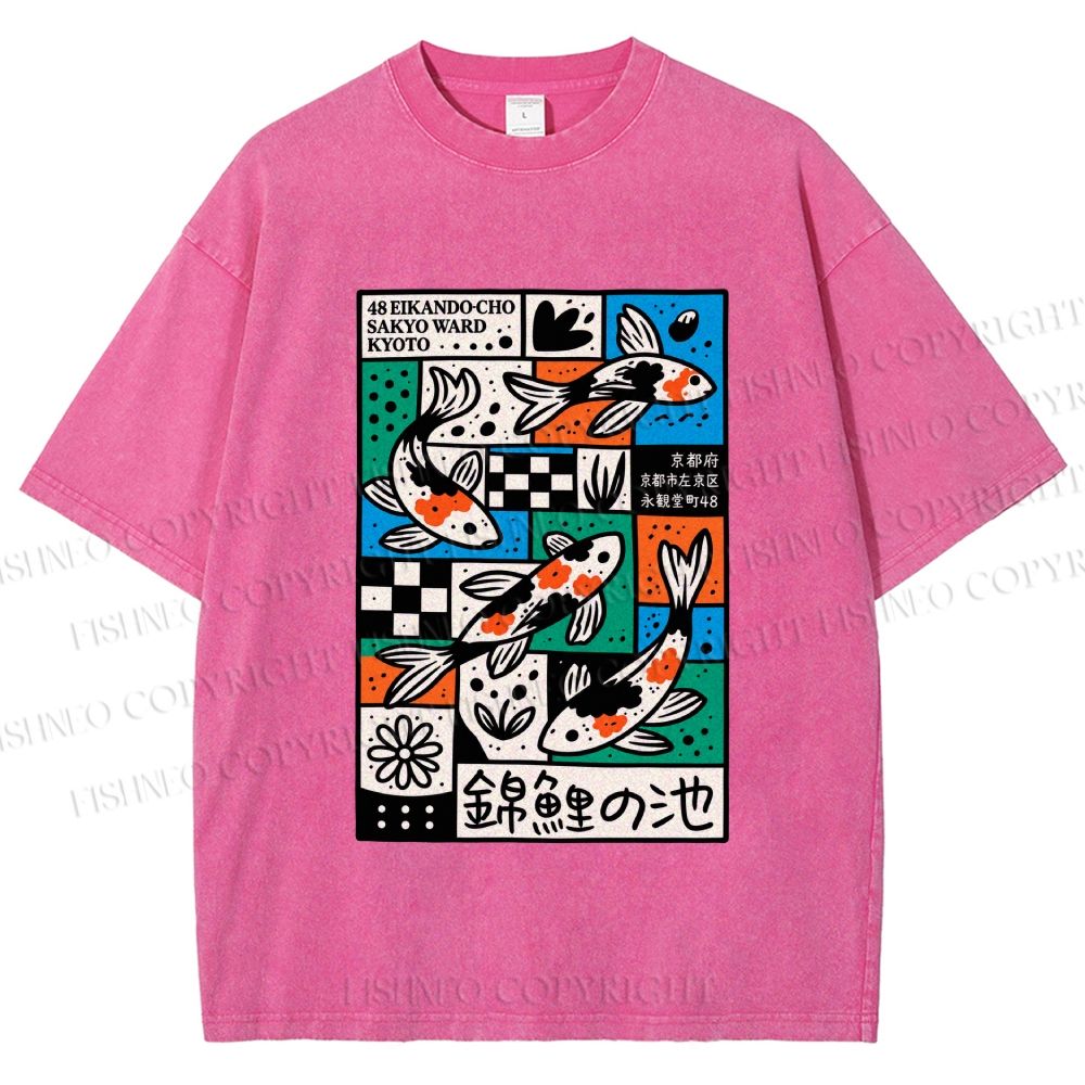 Unisex Colorful Koi Pond Printed Washed Tee