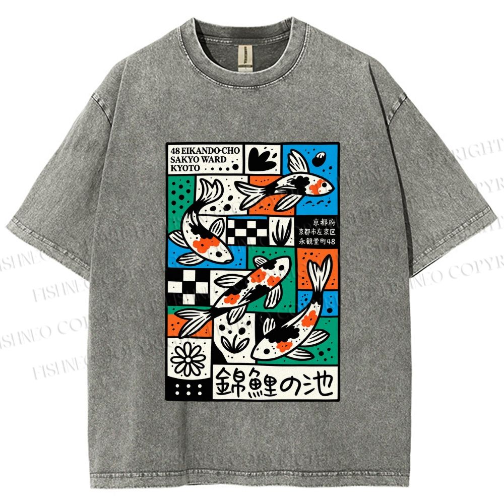 Unisex Colorful Koi Pond Printed Washed Tee