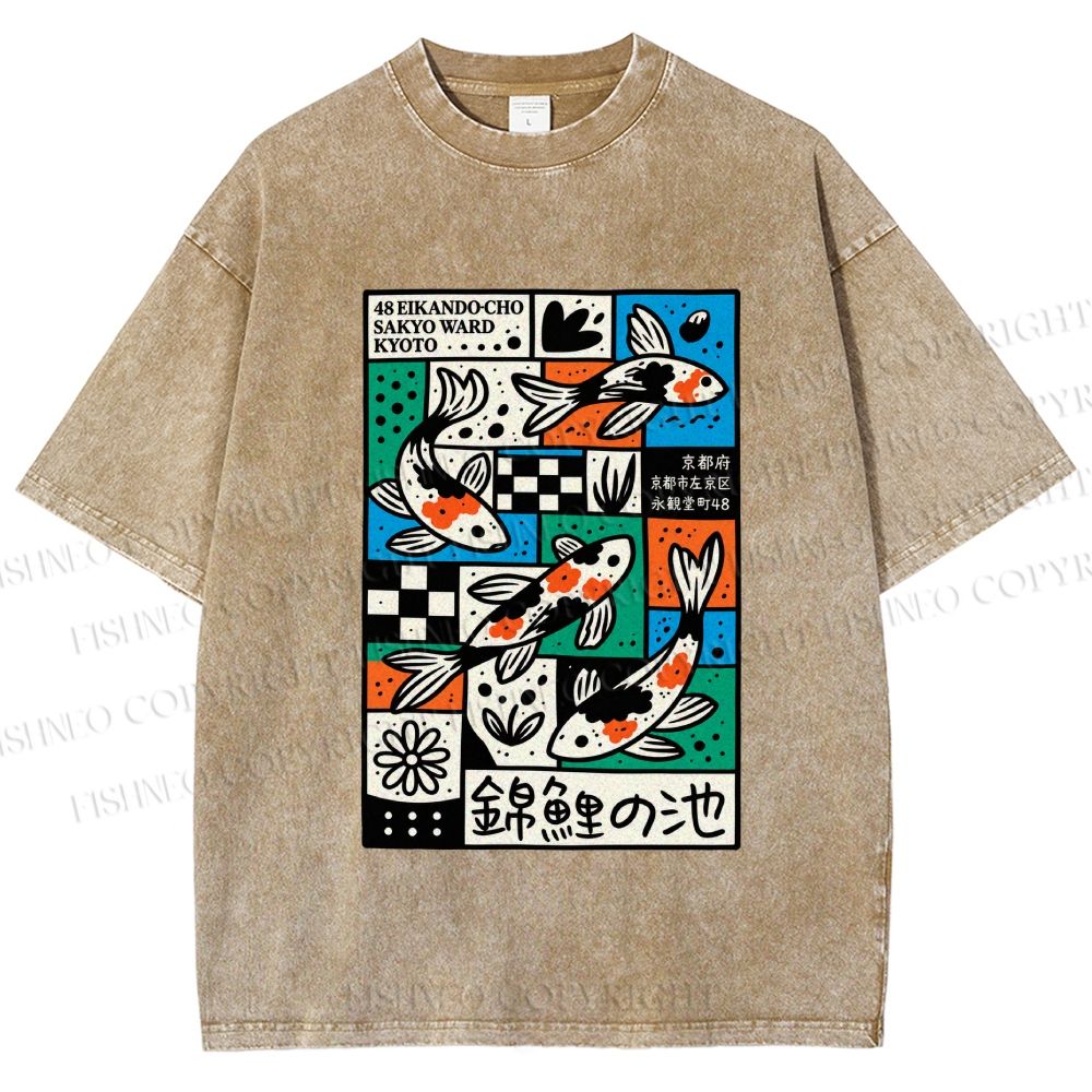 Unisex Colorful Koi Pond Printed Washed Tee