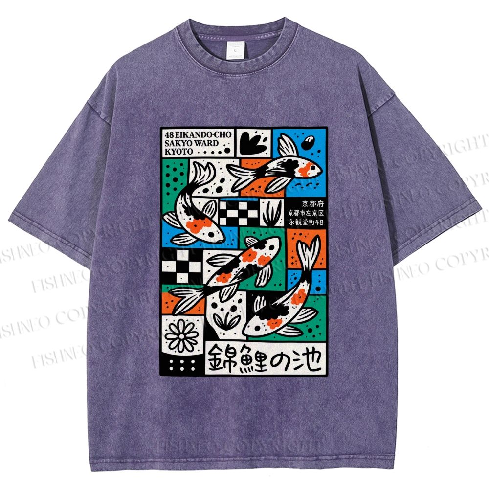 Unisex Colorful Koi Pond Printed Washed Tee