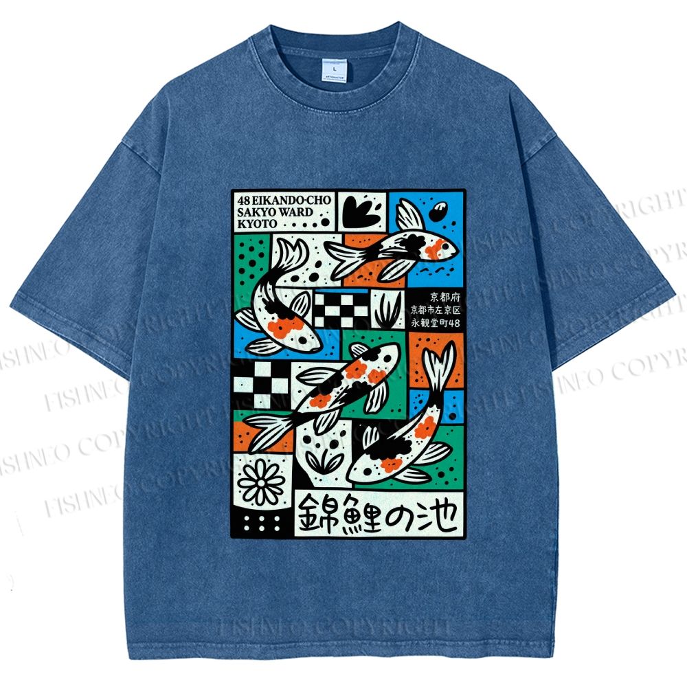 Unisex Colorful Koi Pond Printed Washed Tee