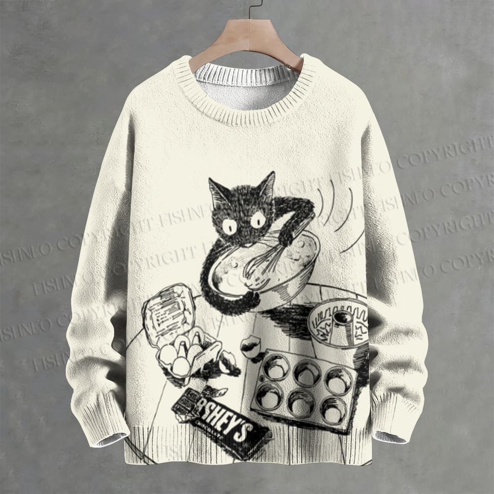 Funny Black Line Cat Cooking Crew Neck Sweater