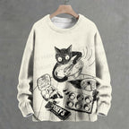 Funny Black Line Cat Cooking Crew Neck Sweater
